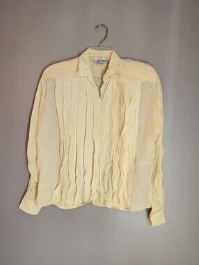 Vintage Adrianna Papell Light Yellow Pleated Button-Front Silk Blouse Size 10